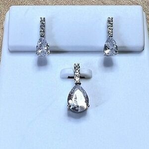 925 STERLING SILVER Cubic Zirconia Stud Earrings and Pendant Rhodium Finish Set